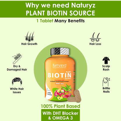 NATURYZ 100% Plant Based Biotin Tablets with High Protein Vitamin DHT Omega 3 for Strong Hairs Nails Growth Glowing Skin & Calcium Plus with Vitamin D Magnesium Zinc Supplement for Bone Health