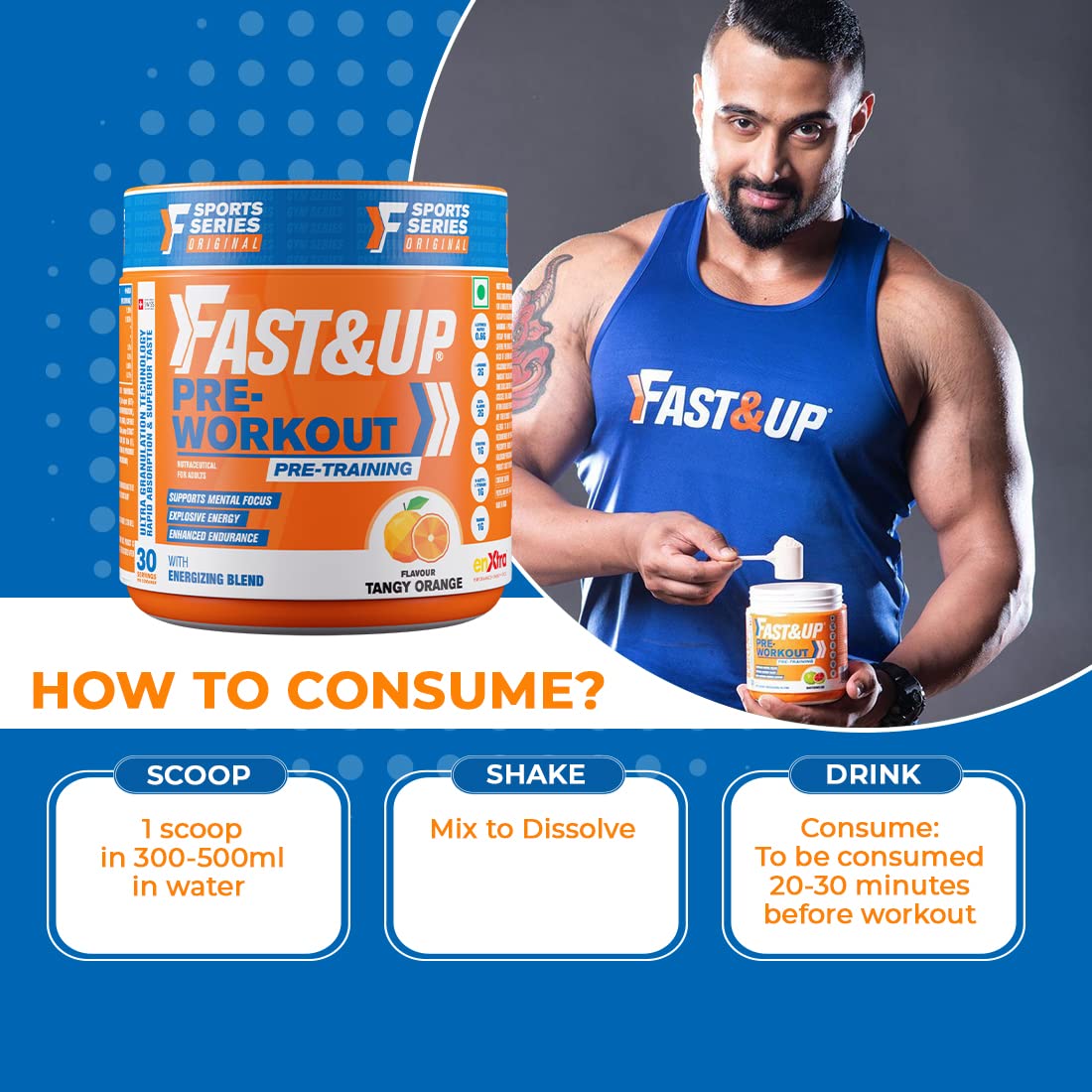 Fast&Up Pre-Workout Supplement Powder (30 Servings, Tangy Orange Flavour) | Pre Workout Supplement For Men & Women with B-Alanine, Creatine, Taurine For Performance & Energy Boost, 300 gm