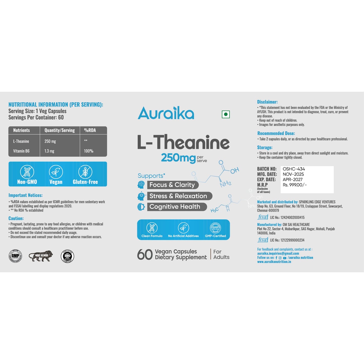 Auraika L Theanine Supplement 250mg – 60 Capsules | Stress Support, Relaxation & Focus | Non-Drowsy Calm with Vitamin B6 | Supports Brain Health & Cognitive Function