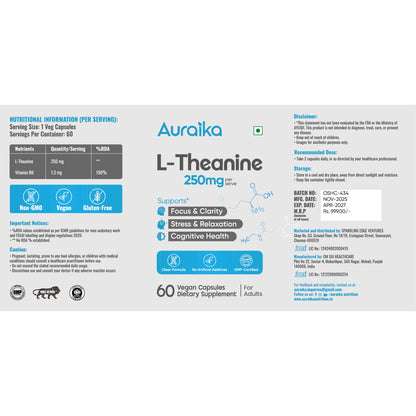 Auraika L Theanine Supplement 250mg – 60 Capsules | Stress Support, Relaxation & Focus | Non-Drowsy Calm with Vitamin B6 | Supports Brain Health & Cognitive Function