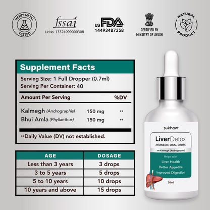 Sukham Liver Detox Drops | 30ml | 40 days | Kalmegh (Andrographis) & Bhui Amla | Helps with Liver Health, Acidity & Indigestion | Preservative Free | Natural & 100% Ayurvedic Oral Drops | Men & Women