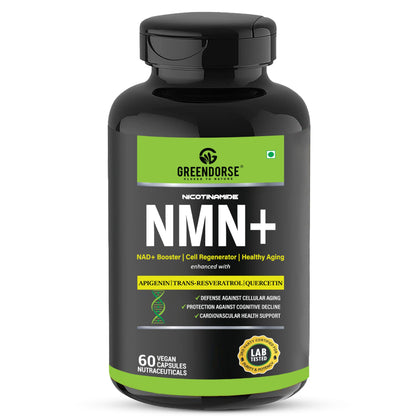 GREENDORSE NMN 99.9% Pure with Apigenin, Trans- resveratrol & Quercetin 3 IN 1 Supplement | High Bioavailability, Natural, 3rd Party Lab Tested Ultra Pure by HPLC | Boosts NAD+, Slow Down Aging, Cellular Repair, Muscle Strength, Heart health | - 60 Veg Ca