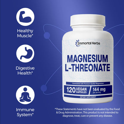 Immortal Herbs Pure Magnesium L-Threonate Capsules, Chelated, High Absorption, 120 Pills w/Elemental Magnesium Powder, Non-GMO & Gluten Free L-Threonate Supplement for Women and Men
