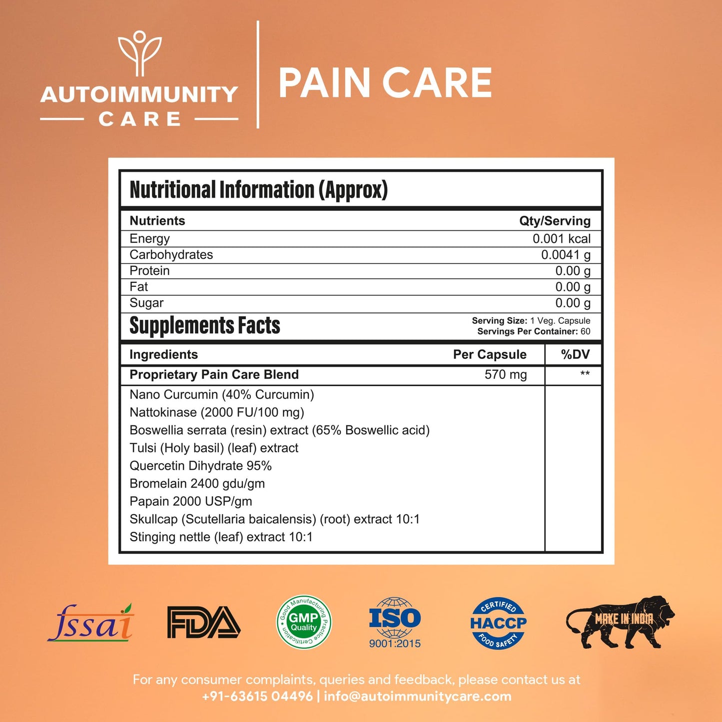 Autoimmunity Care Pain Care | Advanced Joint Pain Relief & Inflammation Support Supplement | NanoCurcumin, Boswellia Serrata, Nattokinase & Herbal Extracts | Joint, Muscle, Knee & Migraine Support | 60 Caps (60 doses)