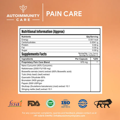 Autoimmunity Care Pain Care | Advanced Joint Pain Relief & Inflammation Support Supplement | NanoCurcumin, Boswellia Serrata, Nattokinase & Herbal Extracts | Joint, Muscle, Knee & Migraine Support | 60 Caps (60 doses)