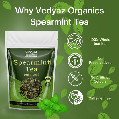 Vedyaz Organic Pure Spearmint Herbal Tea Leaves - 50gm - 100% Natural, Rich in antioxidants for PCOD/PCOS, Hormonal imbalance, unwanted facial hair, Acne and Immunity Boosting