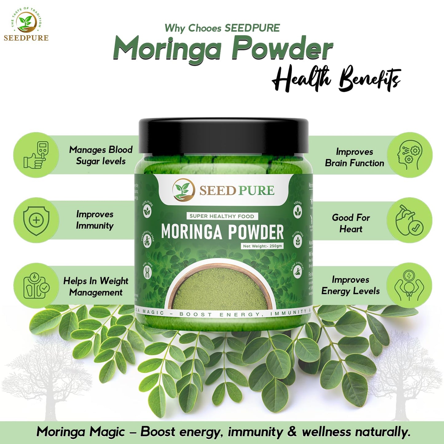 Seedpure Moringa Leaf Powder, 250g – Natural Superfood for Daily Nutrition – Herbal Supplement for Skin, Hair & General Wellness