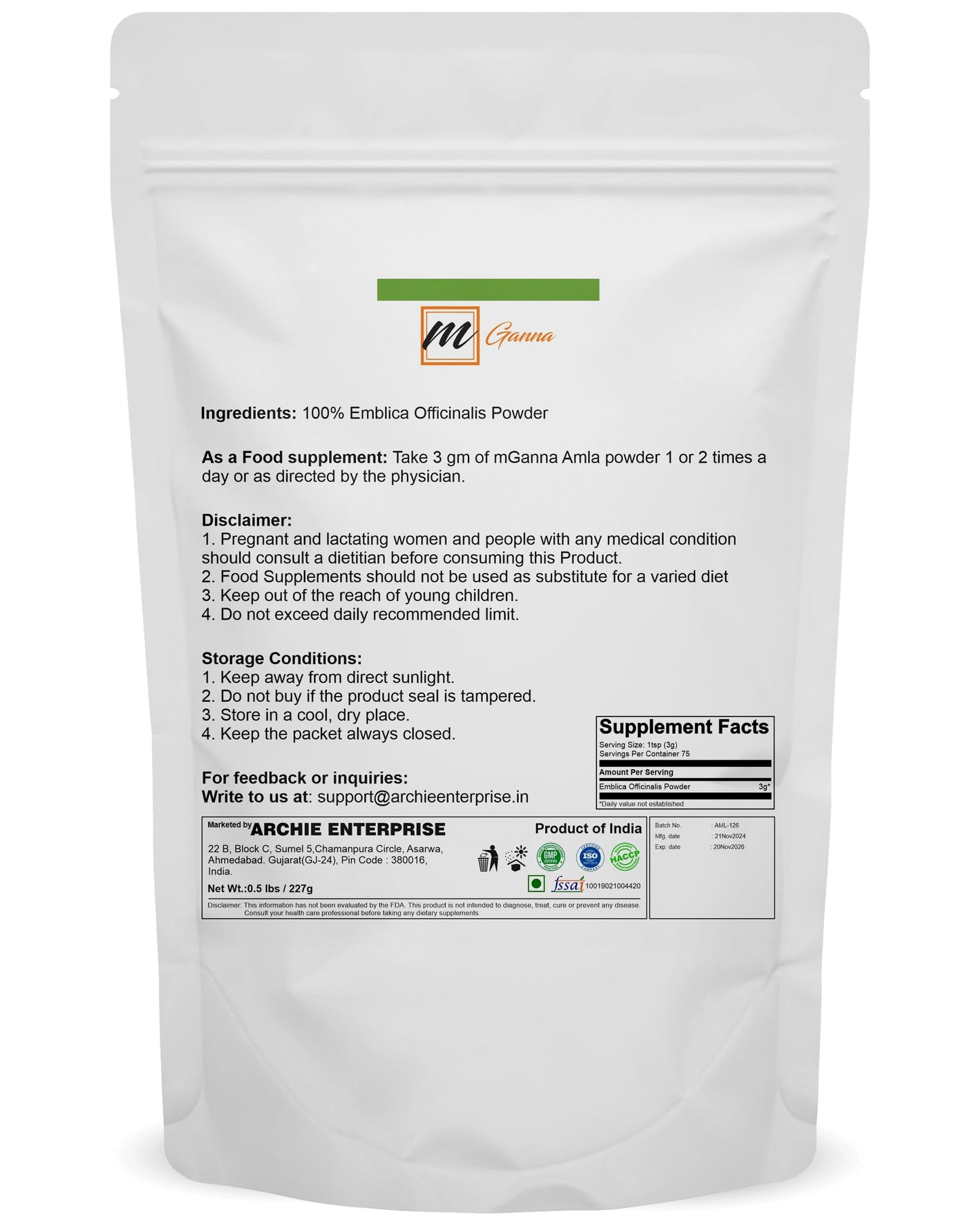 mGanna Amla Powder/Indian Gooseberry/Emblica Officinalis for Skin, Hair & Health Care 227gm / 0.5lbs