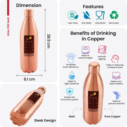 Pipal Atlas 800 Matt Copper Water Bottle, Leak Proof and Durable, Boosts Immunity, Handcrafted, BPA Free, For Home and Travel (800 ml)