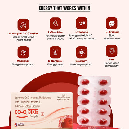 CO-Q NOF Coenzyme Q10 100mg with Selenium 40mcg Softgel Capsules with L-Carnitine, L-Arginine, Lycopene & Multivitamins | Antioxidant for Energy, Fertility, Heart & Cellular Health | 10 Softgels