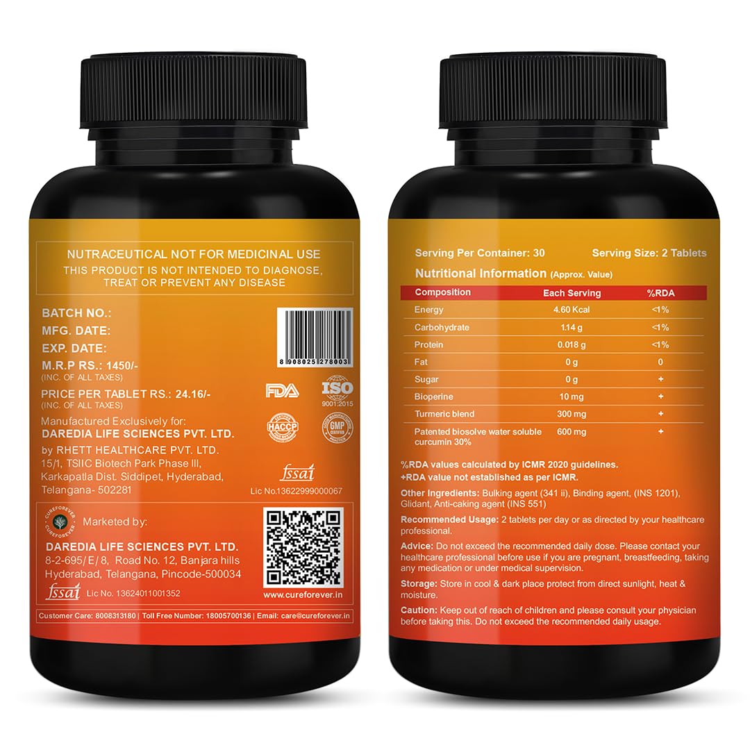 CUREFOREVER Turmeric Curcumin Tablets with BioPerine & Black Pepper Extract | High Absorption Curcumin Supplement for Joint, Immunity & Antioxidant Support | 600 mg Curcumin Blend | 60 Tablets