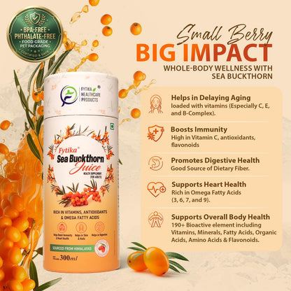 Fytika Sea Buckthorn Juice - 300 ML (PACK OF 1) | Pulp Concentrate Made for Your Total Body Care & Wellness | Rich in Vitamin C, Omega 3, 6, 7, 9 & Antioxidants | For Men & Women