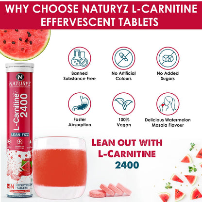 Naturyz L-Carnitine L Tartrate 2400 mg Converts fat into Energy|Energy & Endurance|Performance & Recovery - 15 capsules (Water Melon Masala Flavour), 1 count