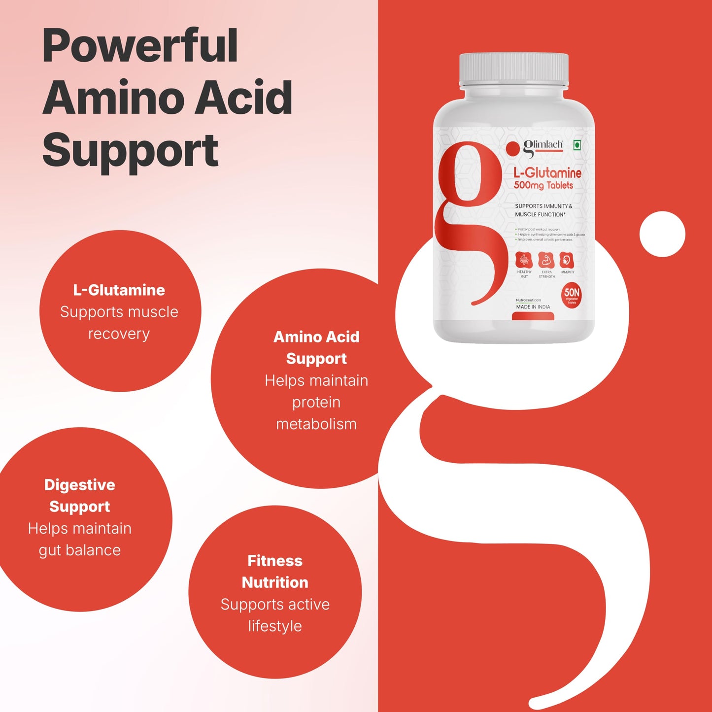GLIMLACH L-Glutamine 500mg Tablets, Supports Immunity & Muscle Function, 50 Tablets