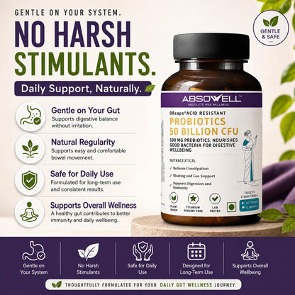 Absowell Probiotics 50 Billion CFU | 6 Strain Precision Probiotic Supplement with Lactobacillus rhamnosus GG & Saccharomyces boulardii | Supports Gut Health, Digestion & Bloating | Vegan Acid-Resistant DRcaps | 60 Capsules