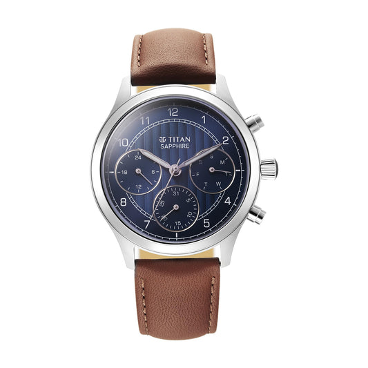 Titan Sapphire Quartz Multifunction Blue Dial Leather Strap Watch for Men-1874SL