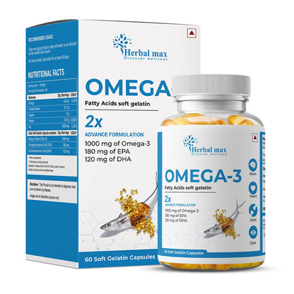 Herbal max Omega -3 Fish Oil Capsule - 60 Caps (1000mg Omega 3 with 180mg EPA & 120mg DHA)