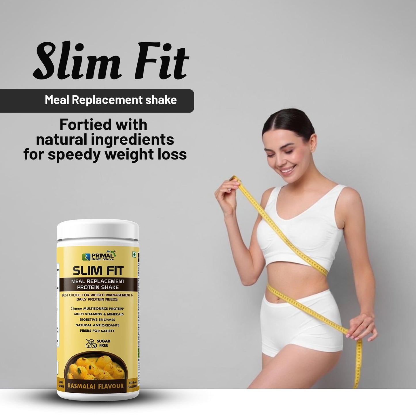 Primal Meal Replacement Protein Shake For Weight Control & Management | Sugar Free | Fiber | Digestive Enzymes | No Transfat | Vitamins & Minerala (400gm, Rasmalai)