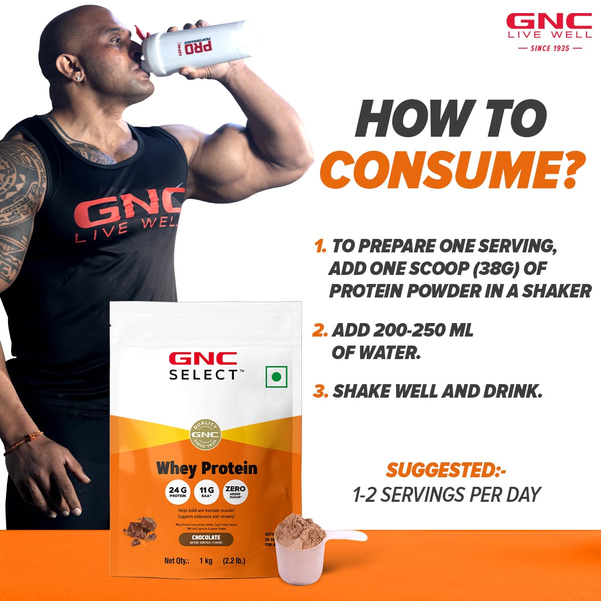 GNC Whey Protein Blend With Free Shaker | 2.2 LBS (1KG) | Chocolate |24 Gm Protein| Digestive Enzyme For Better Digestion | Faster Muscle Recovery | Boosts Strength| Builds Lean Muscles| Imported
