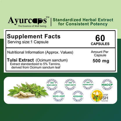 Ayurcaps Tulsi 500mg 60 Veg Capsules Holy Basil Ayurvedic Herbal Supplement Supports Immunity, Throat And Respiratory, Stress Wellness Natural Antioxidant And Daily Care