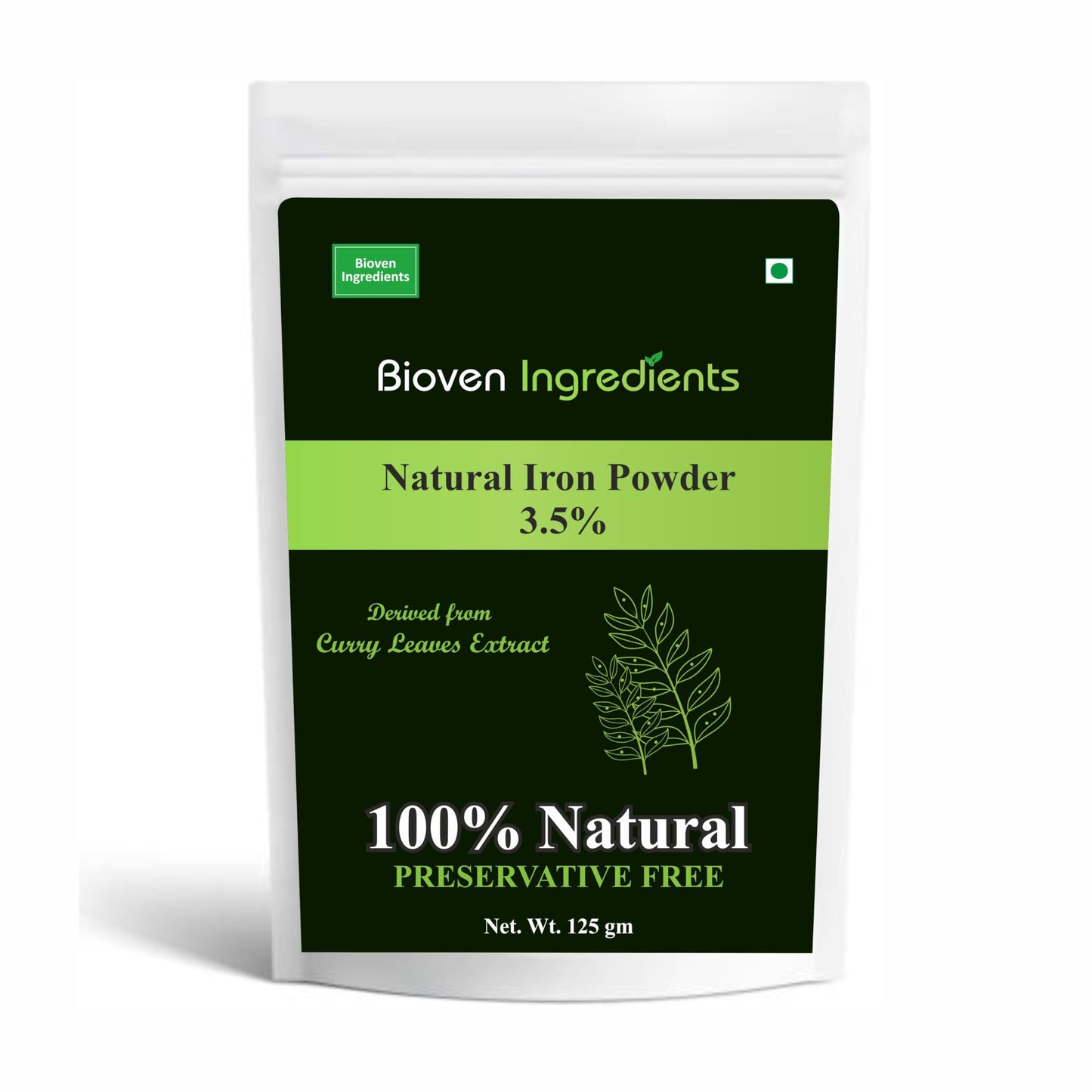 Natural Iron Powder, Derived from 100% Natural & Organic Curry Leaves Extract by Bioven Ingredients, Non-GMO Supplement, No Preservatives, Sugar, Gluten or Dairy Free Powder
