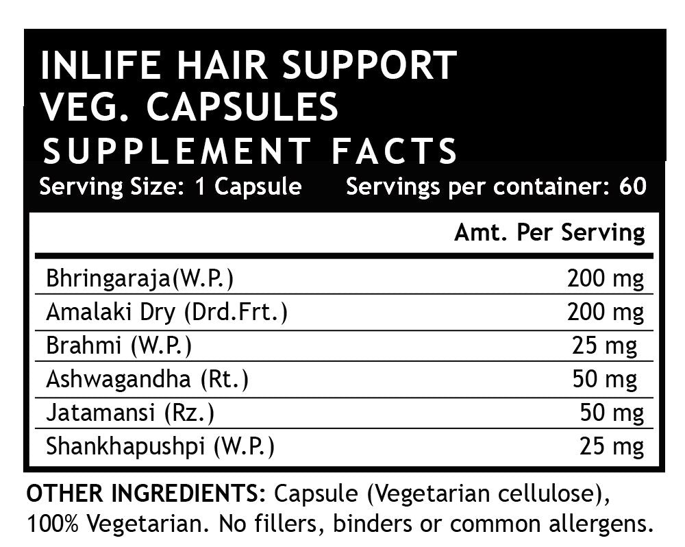 INLIFE Hair Support Supplement, Bhringraj, Brahmi, Ashwagandha and other Ayurvedic Herbs 500 mg - 60 Vegetarian Capsules (Pack of 2, 120)