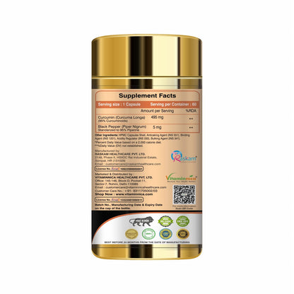 Vitaminnica Curcumin with Piperine with 95% Curcuminoids | Anti inflammatory Supplement for Adults | Supports Joint Health– 60 Veg Capsules