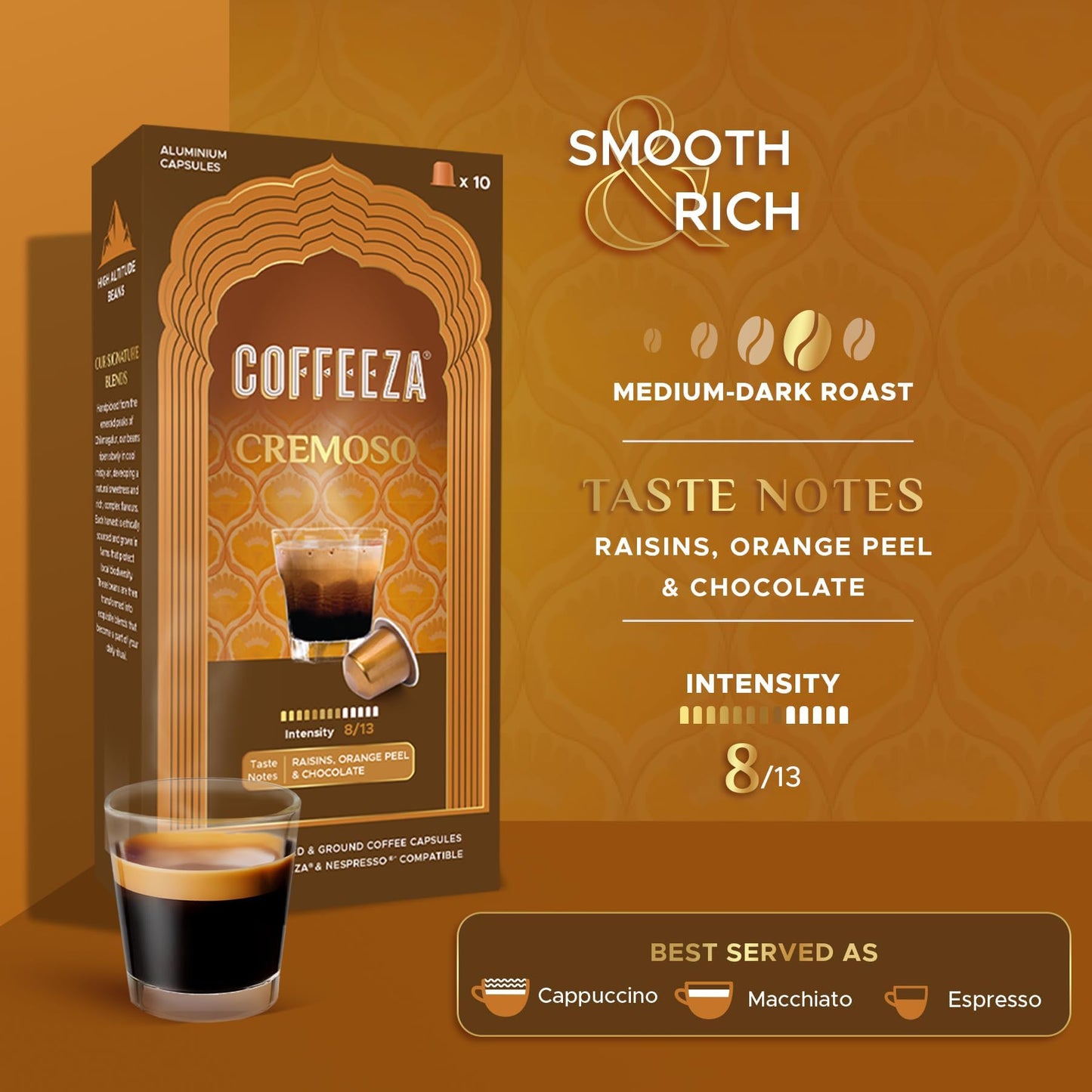 Coffeeza Cremoso Aluminium Coffee Capsules, Intensity – 8/10 - Original line Compatible Coffee Pods (Box of 10)
