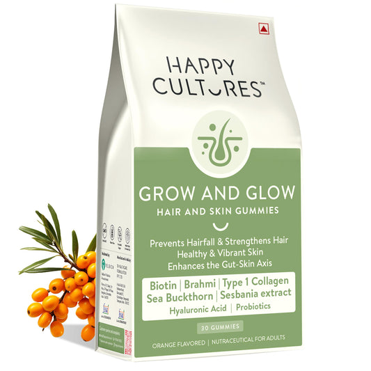 Happy Cultures Grow and Glow Gummies for Hair Growth, Skin Glow, Strong Nails Contains Biotin, Probiotics, Hyaluronic acid, Collagen, No Added Sugar - Orange Flavor, 30 Gummies (Pack of 1)