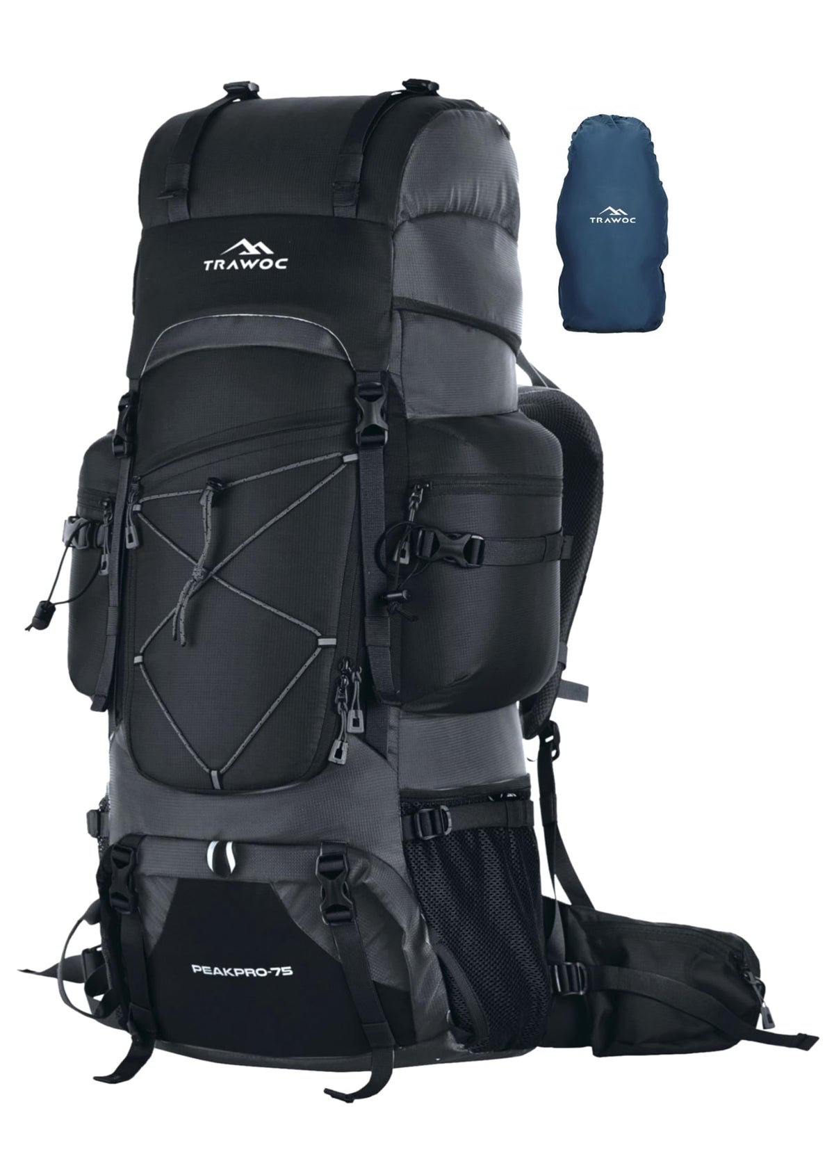 TRAWOC PEAKPRO 75 Liter Travel Backpack for Hiking Trekking Bag Camping Rucksack with Laptop Compartment/Rain Cover/Shoe Compartment BHK002, 3 Year Warranty, Black