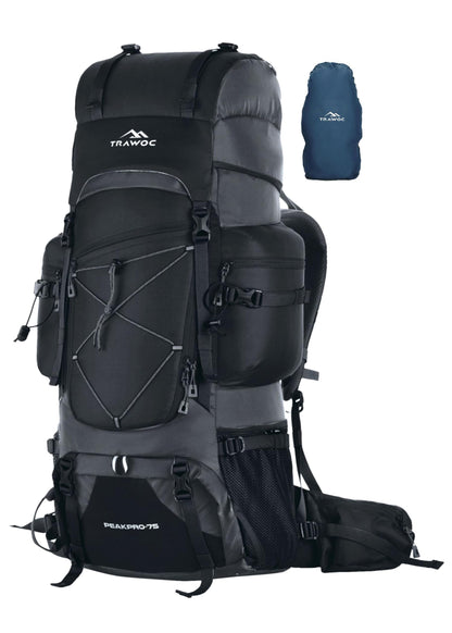 TRAWOC PEAKPRO 75 Liter Travel Backpack for Hiking Trekking Bag Camping Rucksack with Laptop Compartment/Rain Cover/Shoe Compartment BHK002, 3 Year Warranty, Black