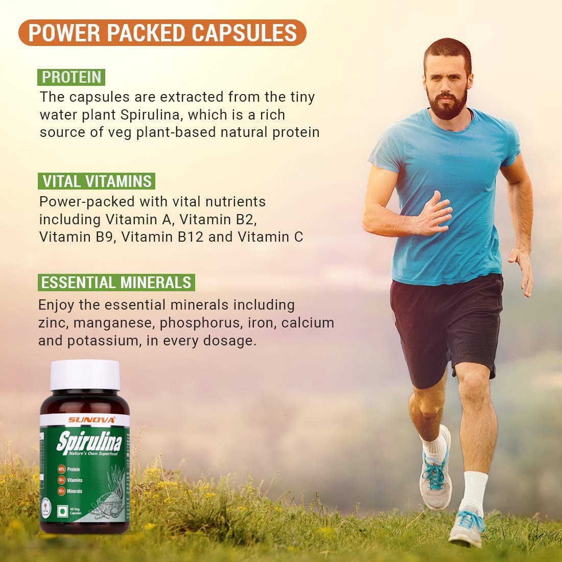 SUNOVA Organic Spirulina Capsules - Nature's Own Superfood and Nutritional Supplement, Spirulina for Full Body Support - 60 Capsules x Pack of 3