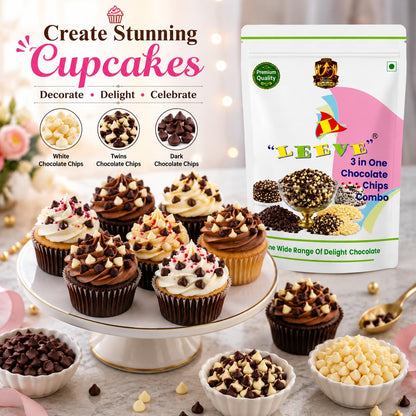 Leeve 3 in One Chocolate Chips Combo 400g | White Chocolates Chip, Dark Choco Chip's & Twins Chocolate Chips | Baking Toppings for Cakes, Cookies, Brownies & Dessert Decoration
