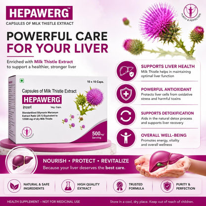 Hepawerg Milk Thistle Capsules with Silymarin for Liver Support, Detox & Cleanse | Liver Health Supplement for Fatty Liver Care, Antioxidant Protection & Daily Wellness | 30 Veg Capsules