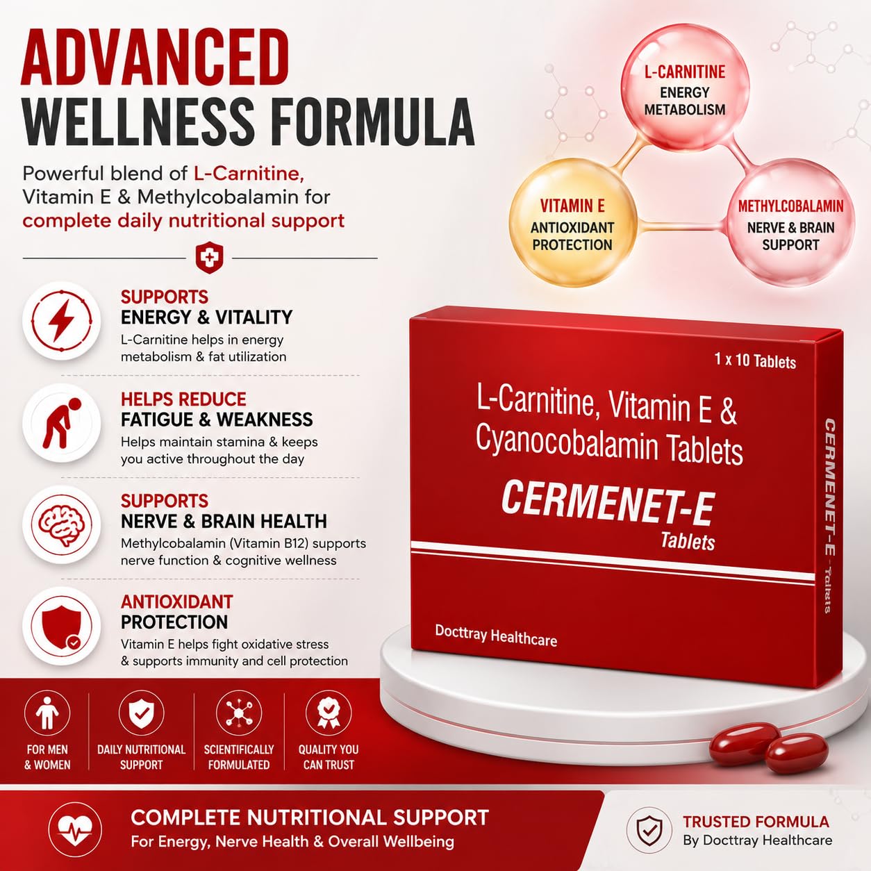 Docttray Healthcare Cermenet-E Tablets with L-Carnitine, Vitamin E & Methylcobalamin, 10 Tablets