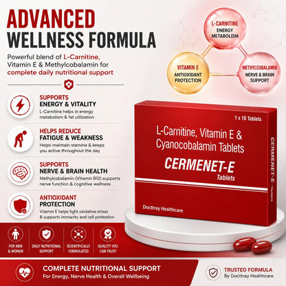 Docttray Healthcare Cermenet-E Tablets with L-Carnitine, Vitamin E & Methylcobalamin, 10 Tablets