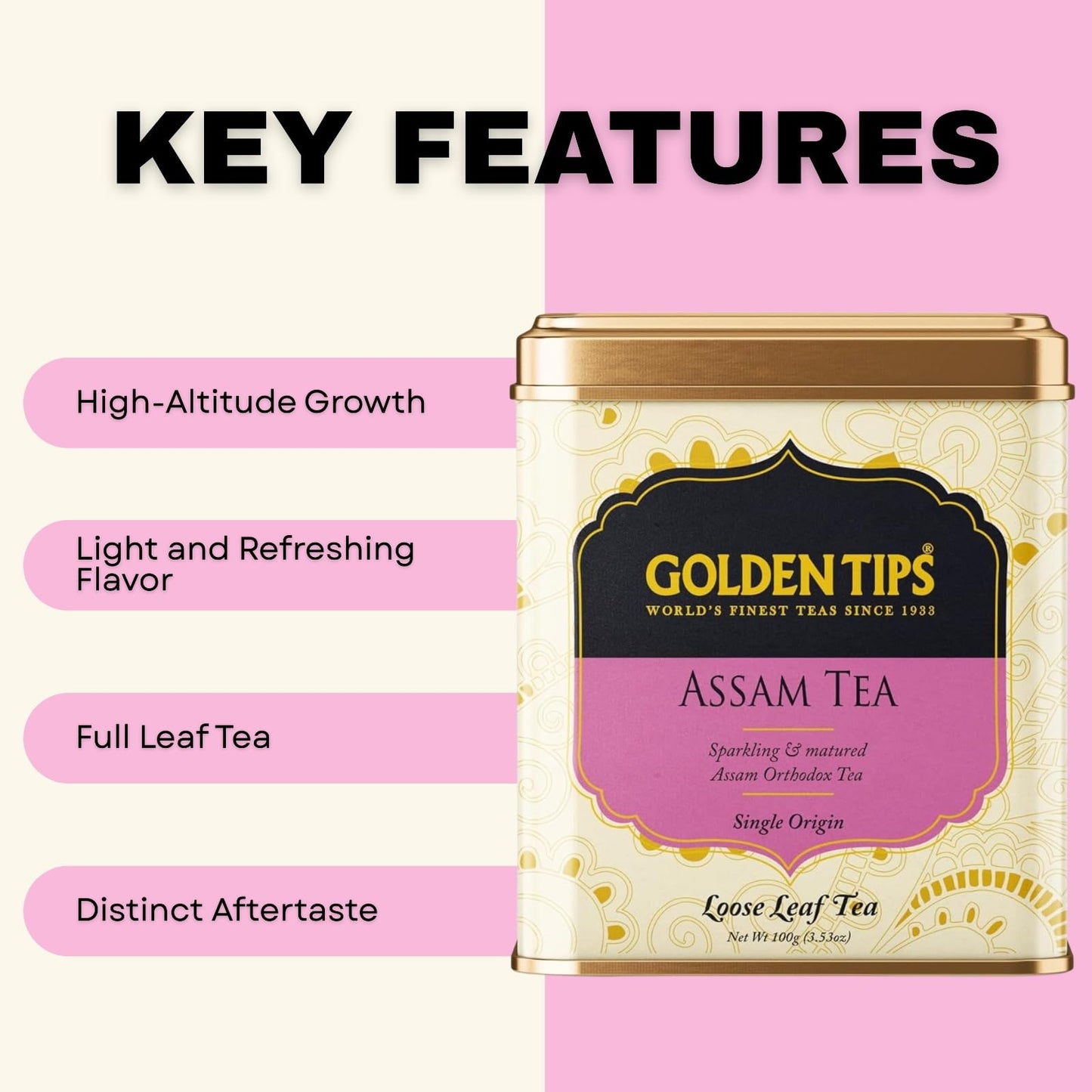 Golden Tips Garden Fresh Assam Long Leaf Black Tea (100 Gram, 50 cups)