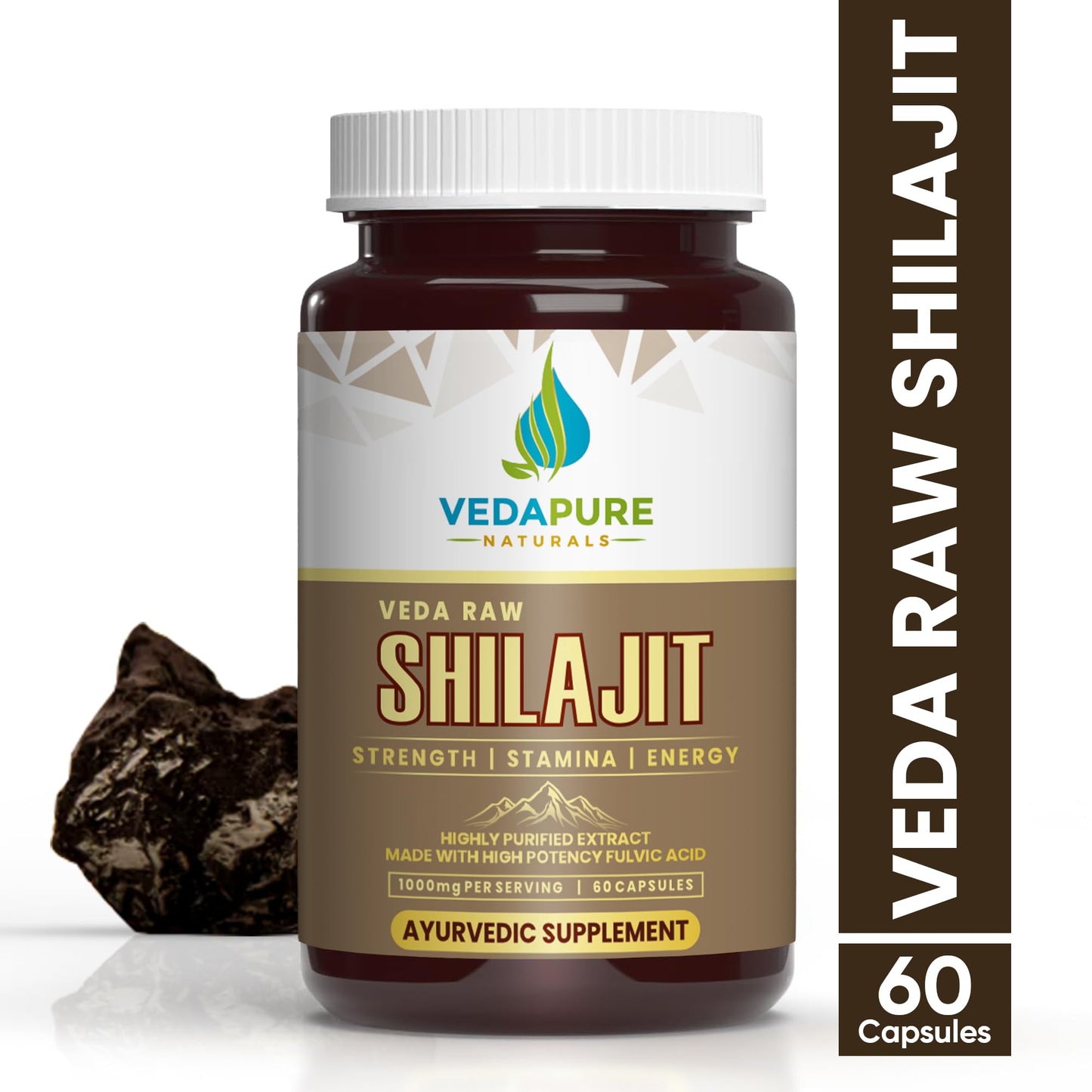 VEDAPURE Shilajit | Raw Shilajit Capsules with Gokhru (Tribulus Terrestris) | Original Gold Shilajit Capsules for Men & Women to built Strength & Stamina | Lab Tested Shilajit-60 Capsules (1)