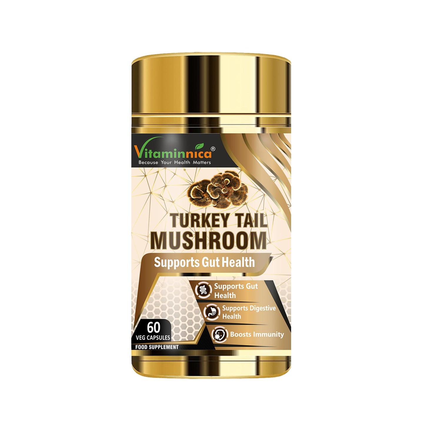 Vitaminnica Turkey Tail Mushroom Supplement 500mg- 60 High Strength Vegan Capsules | Nootropics for Gut Health