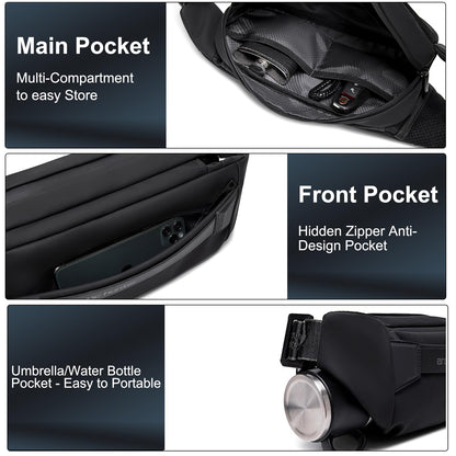 Arctic Hunter Large Fanny Pack for Men Heavy Chest Bag with Magnetic Buckle Big Waist Pouch Polyester Sling Bag for Men Crossbody Water-Resistant Passport Side Bag for Travel Business Office,Black