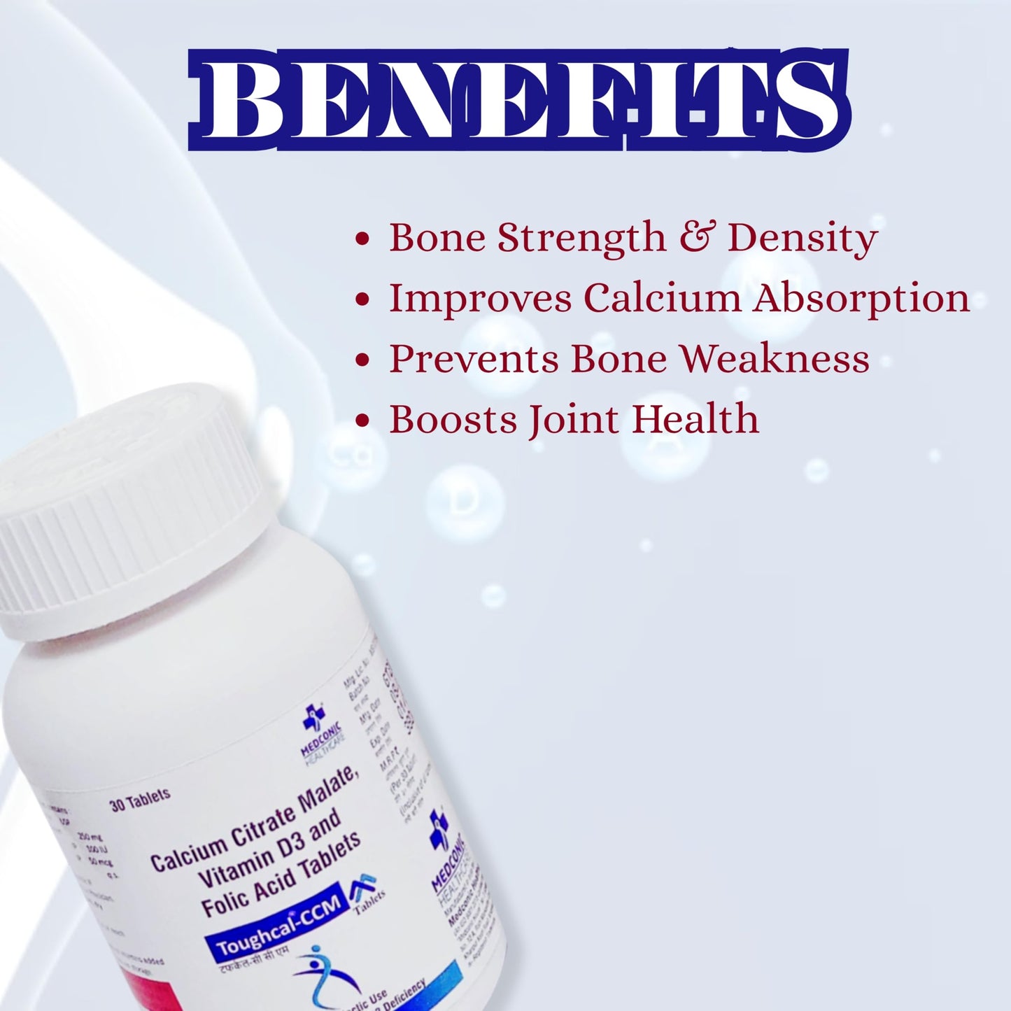 Medconic Healthcare Toughcal CCM | Calcium Citrate Malate with Vitamin D3 & Folic Acid | Bone, Joint & Dental Health Supplement – 30 Tablets