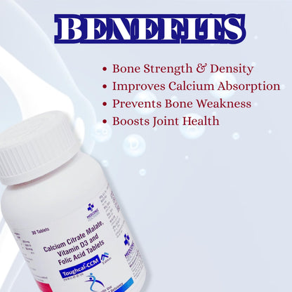 Medconic Healthcare Toughcal CCM | Calcium Citrate Malate with Vitamin D3 & Folic Acid | Bone, Joint & Dental Health Supplement – 30 Tablets