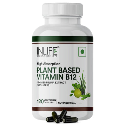INLIFE Plant Based Vitamin B12 Supplements for Men & Women| Superfood Formula | B12 from Spirulina Extract - 120 Vegetarian Capsules (Pack of 1, 120)