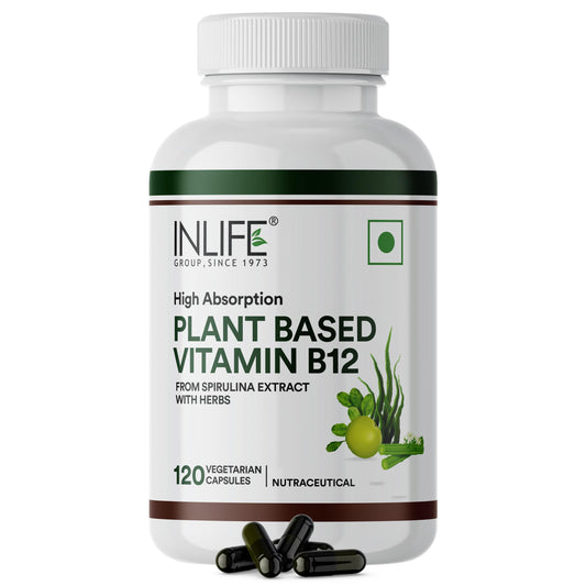 INLIFE Plant Based Vitamin B12 Supplements for Men & Women| Superfood Formula | B12 from Spirulina Extract - 120 Vegetarian Capsules (Pack of 1, 120)