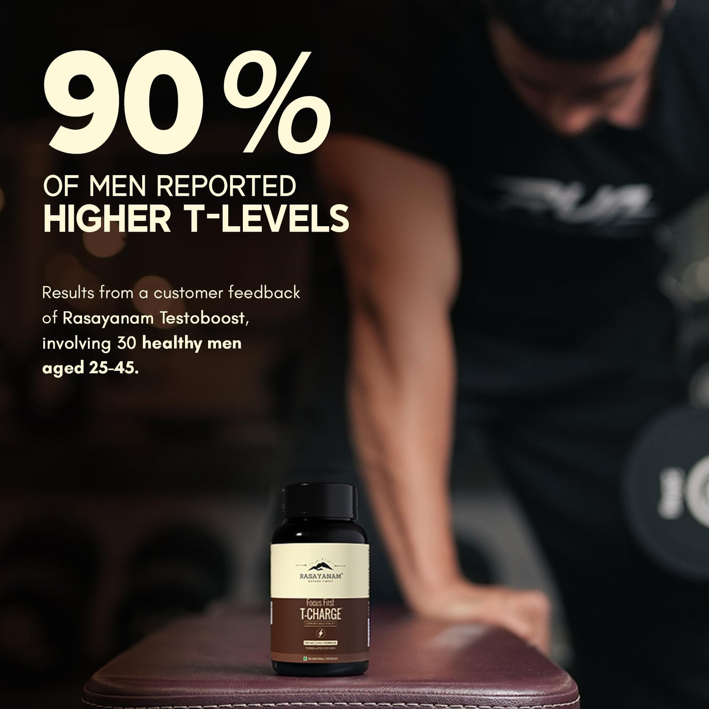 Rasayanam T-Charge Capsules (500mg) | 3-in-1 T - Levels Supplement for Men with Shilajit, Ashwagandha & Safed Musli | Supports Muscle Growth, Energy, Strength, Stamina & Performance - 60 Capsules