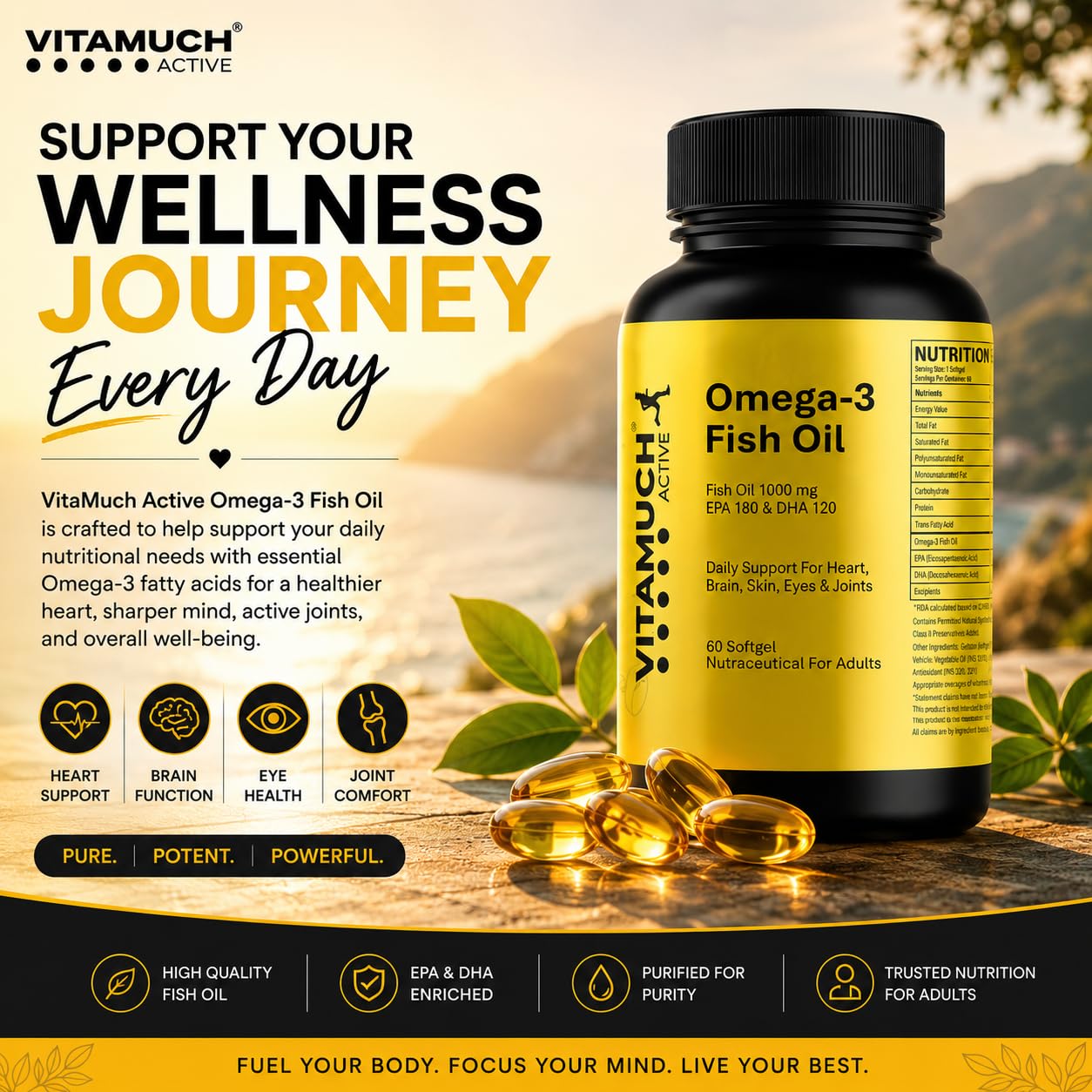 Vitamuch Omega-3 Fish Oil Capsules | EPA 180mg + DHA 120mg | Supports Heart, Brain & Joint Health | Deep Sea Fish Oil | 60 Softgel Capsules