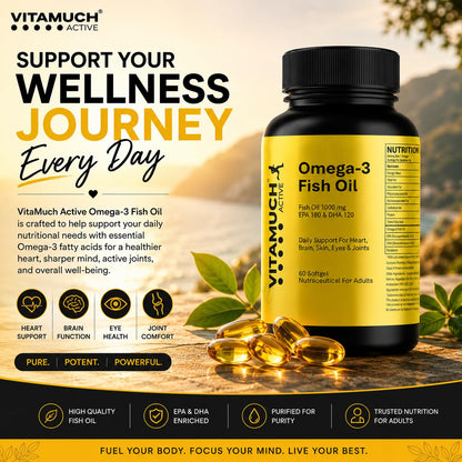 Vitamuch Omega-3 Fish Oil Capsules | EPA 180mg + DHA 120mg | Supports Heart, Brain & Joint Health | Deep Sea Fish Oil | 60 Softgel Capsules