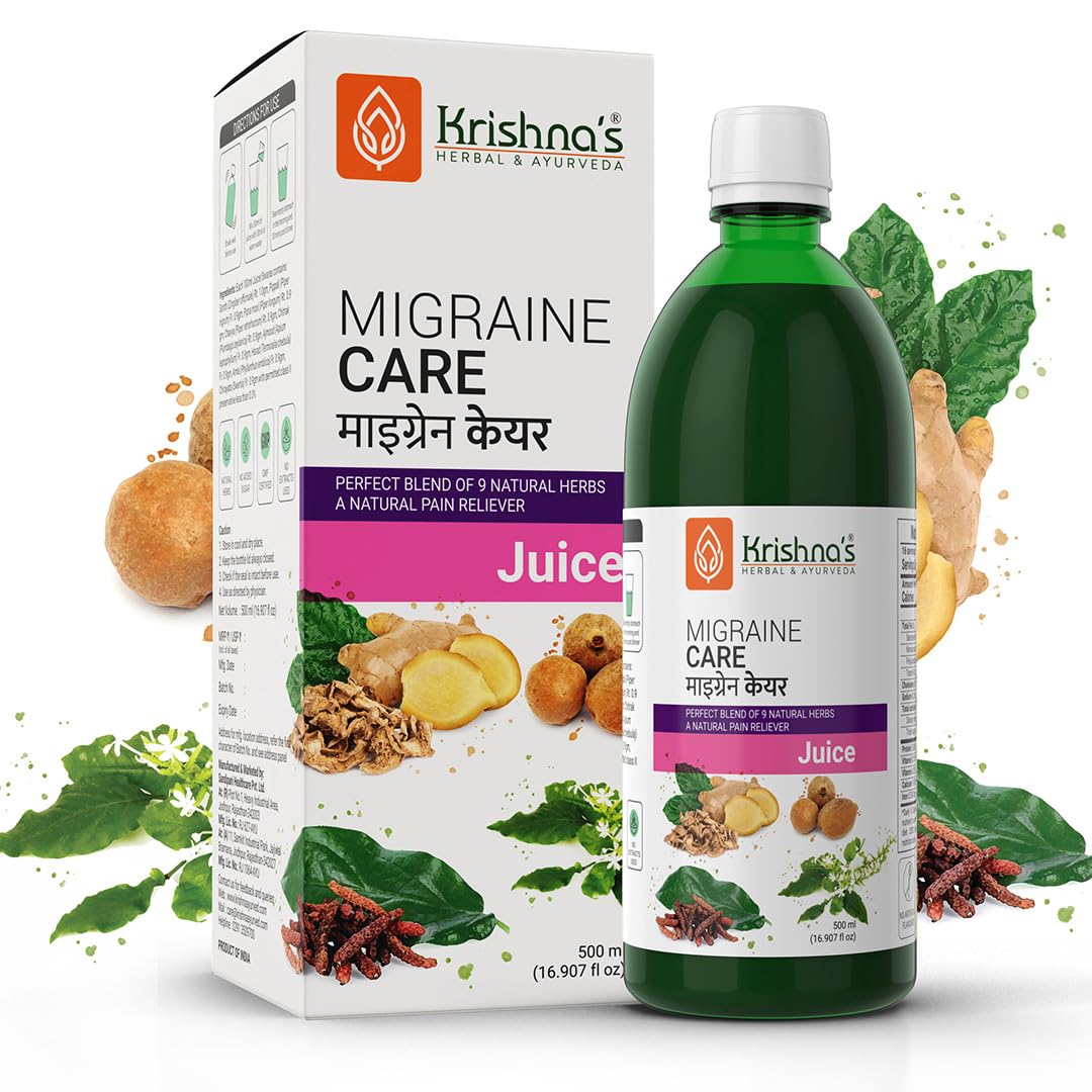 Krishna's Migraine Care Juice - 500 ml | (Pack of 2) | Natural Migraine Reliever | Perfect Blend of Sonth, Pippali, Ajmod & 6 other herbs