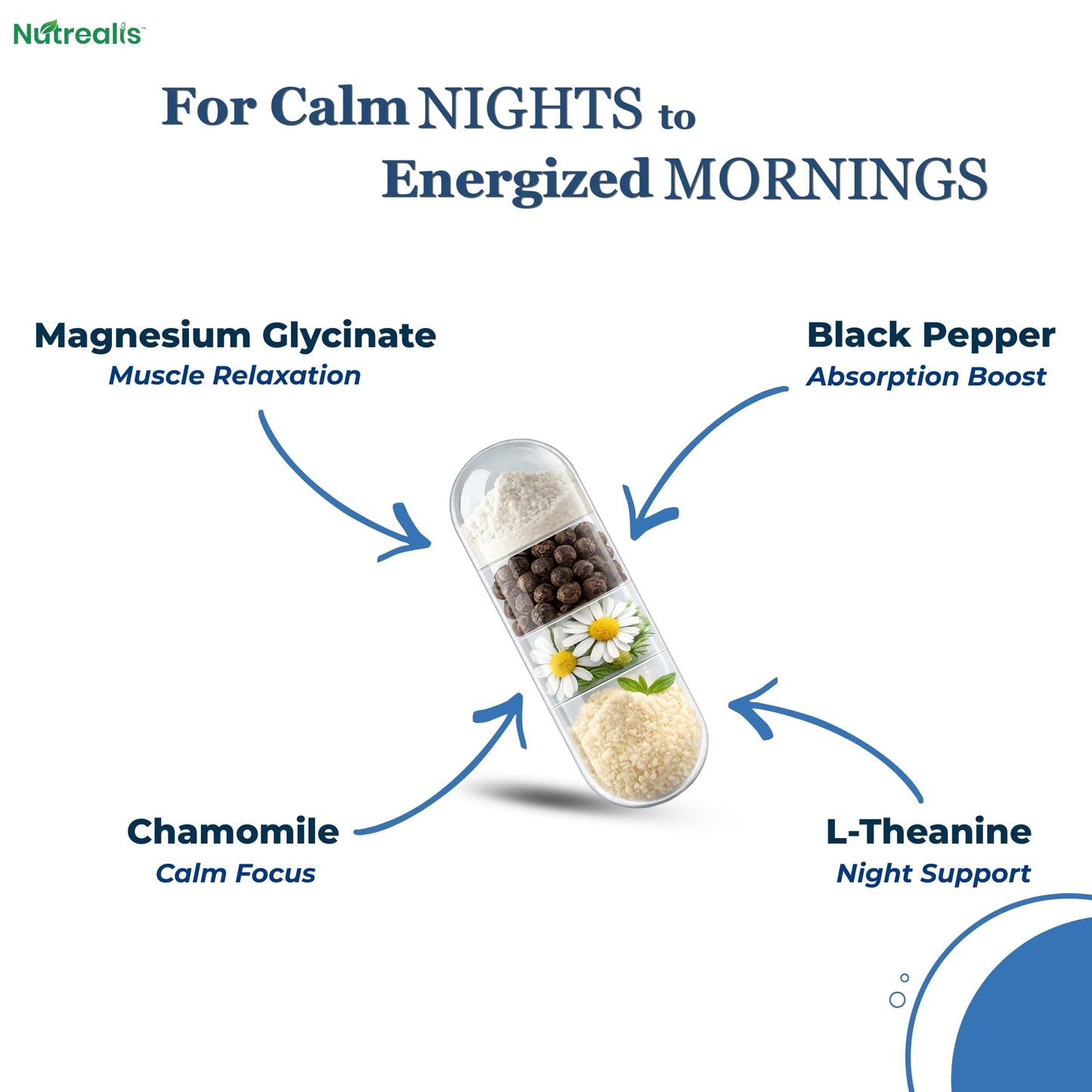 Nutrealis Magnesium Glycinate 400mg Elemental, Chelated High Absorption with L-Theanine, Chamomile & Black Pepper, Sleep Stress Muscle Support, 120 Vegan Capsules