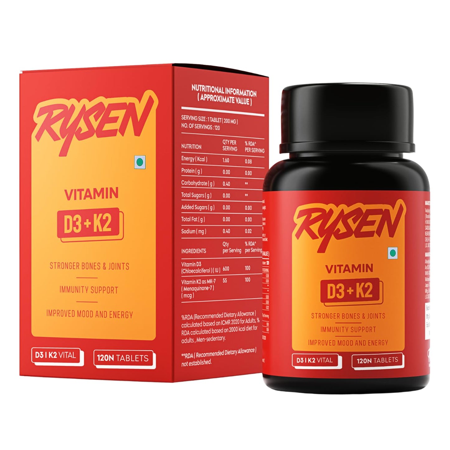RYSEN Vitamin D3 + K2 MK-7 Tablets (120 Vegan Tablets) | Supports Calcium Absorption, Bone & Heart Health | Vitamin D Supplement for Men & Women | K2 55 mcg, D3 600 IU | Lab Tested